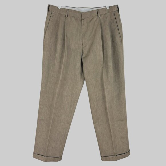 Haggar Men's Pleated Front Brown Dress Pants Size 38x29 Fold Hem Slash Pockets - Picture 1 of 10